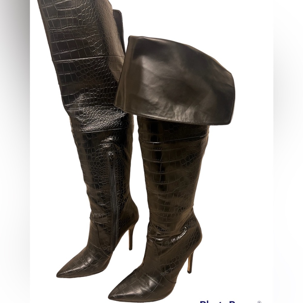 Bebe Black PU leather over the knee snake print boots.